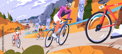 Cycling competition on road bicycles in mountain landscape. Bike race on track outdoors in autumn. Cyclists are on Tour de France, bicyclists ride on sports contests. Flat vector illustration
