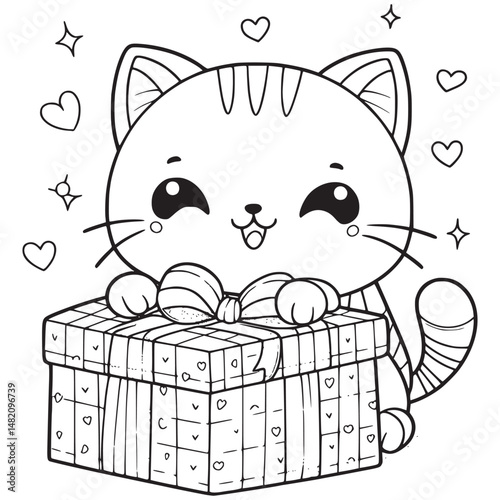 Kitten on gift boxes, surrounded by floating hearts.