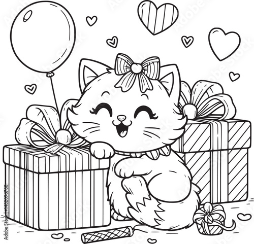 Kitten on gift boxes, surrounded by floating hearts.