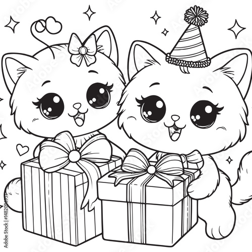 Kitten on gift boxes, surrounded by floating hearts.