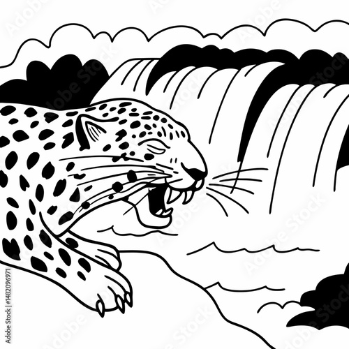 vector illustration of a brazilian jaguar in pose of attack at iguassu falls 