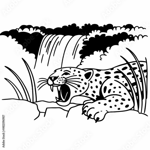 vector illustration of a brazilian jaguar in pose of attack at iguassu falls 