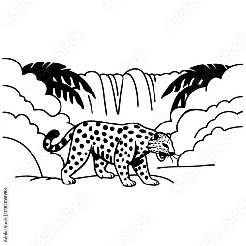 vector illustration of a brazilian jaguar in pose of attack at iguassu falls 