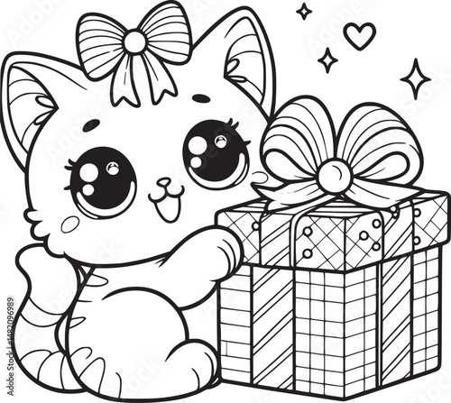 Kitten on gift boxes, surrounded by floating hearts.