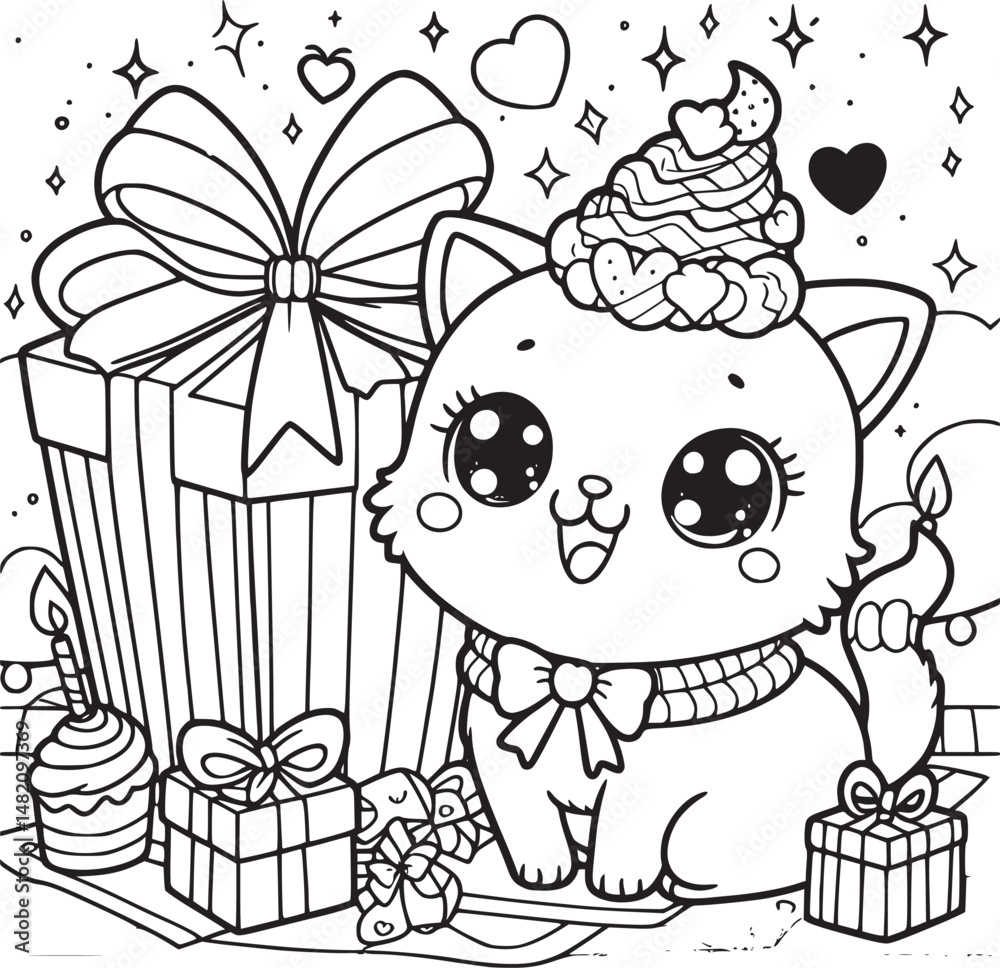 Fototapeta premium Kitten on gift boxes, surrounded by floating hearts.