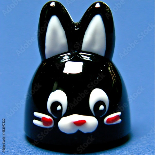 Playful Black Rabbit Figurine with Whimsical Features on Blue Background