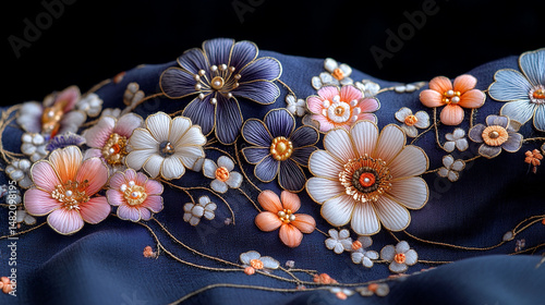 Detailed close-up of intricately embroidered flowers on a dark fabric.