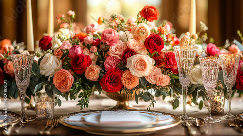 Elegant floral centerpiece arrangement on a wooden table, featuring vibrant red, pink, and peach roses, with gold accents and crystal glassware.