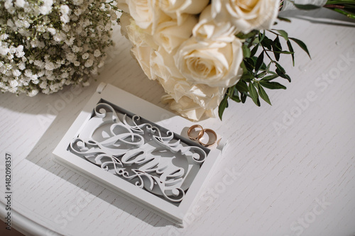 Wedding day. Wedding bouquets, bride's rings, invitations. Preparation. Bride's morning