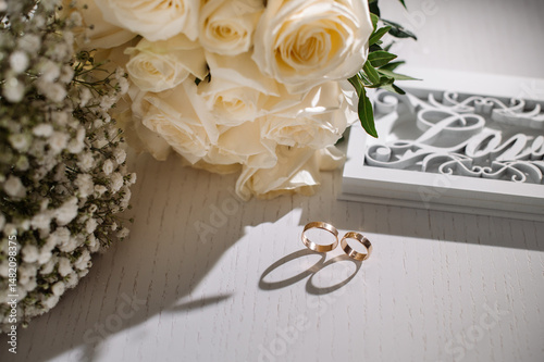 Wedding day. Wedding bouquets, bride's rings, invitations. Preparation. Bride's morning