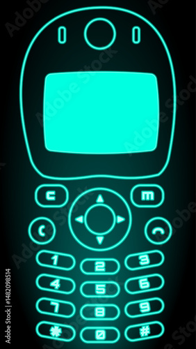 Vector illustration. Contemporary art collage. Neon cyan phone with curved body and vivid keypad. Concept of retro futurism, communication, e2k vibe, digital emotion, mobile memory.