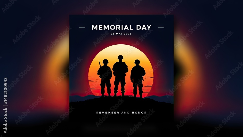 Fototapeta premium Memorial day illustration depicting silhouetted soldiers standing before a sunset sky remembering fallen heroes