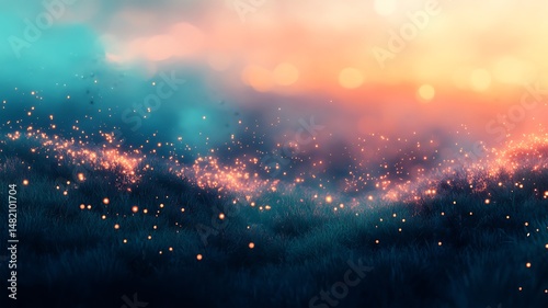 A mystical field of grass lit by glowing orbs under colorful skies
