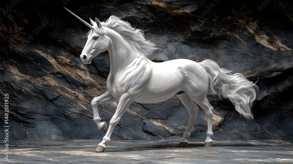 Naklejka premium A unicorn that is white gallops across a background of camouflage patterns