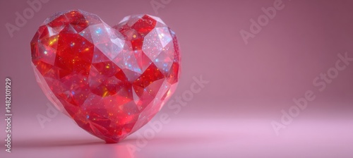Stylized lowpoly red heart on soft pink background photo