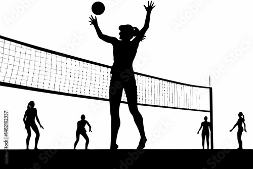 Black silhouette of women playing volleyball on court with net and ball in action pose
