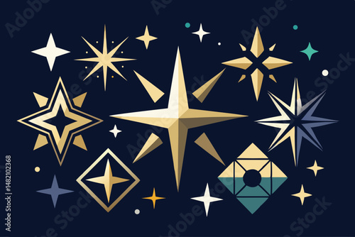 Elegant celestial star icons set with geometric shapes and glowing highlights on dark blue background
