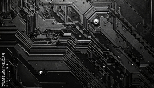 close up view of black circuit board showcasing intricate patterns and connections, evoking sense of technology and innovation. detailed lines and components create visually striking abstract