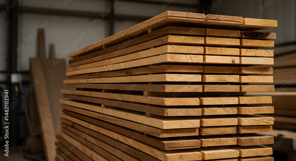 Neatly Stacked Light Brown Wooden Planks with Visible Grain Texture in a Lumberyard with Softly Blurred Background Neatly Stacked Light Brown Wooden Planks with Visible Grain Texture in a Lumberyard with Softly Blurred Background