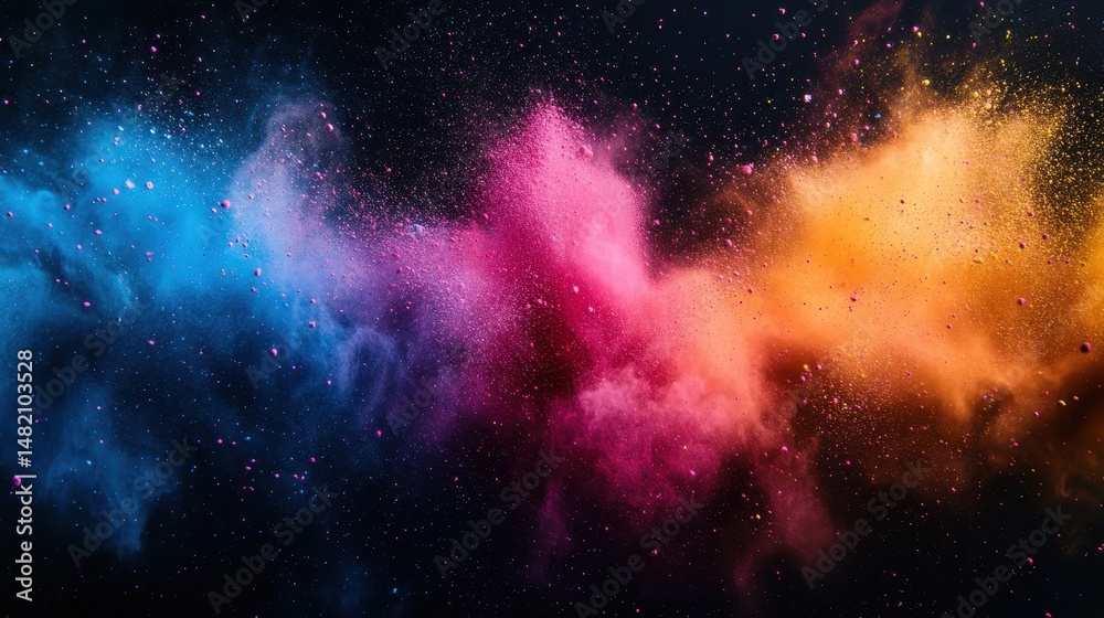 Naklejka premium Vibrant explosion of colorful powder in dynamic motion against dark background