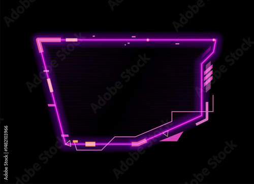 Purple neon game frame asset, HUD interface overlay template, information call box for gaming, streaming or high tech visual. 3d vector futuristic glowing cyberpunk border, digital scifi callout title