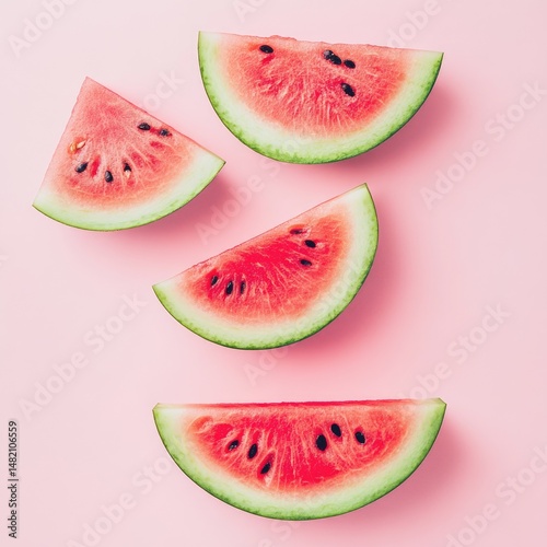 Four watermelon slices arranged on a pink background