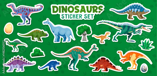 Prehistoric dinosaurs stickers with Jurassic lizards and funny dino characters, cartoon vector icons. Jurassic era dinosaurs and dino eggs for kids paleontology game or prehistoric lizards toys