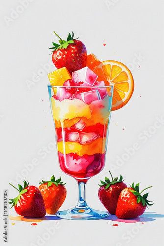 AI Generative. Colorful Layered Cocktail with Strawberries and Orange on White Background. 4