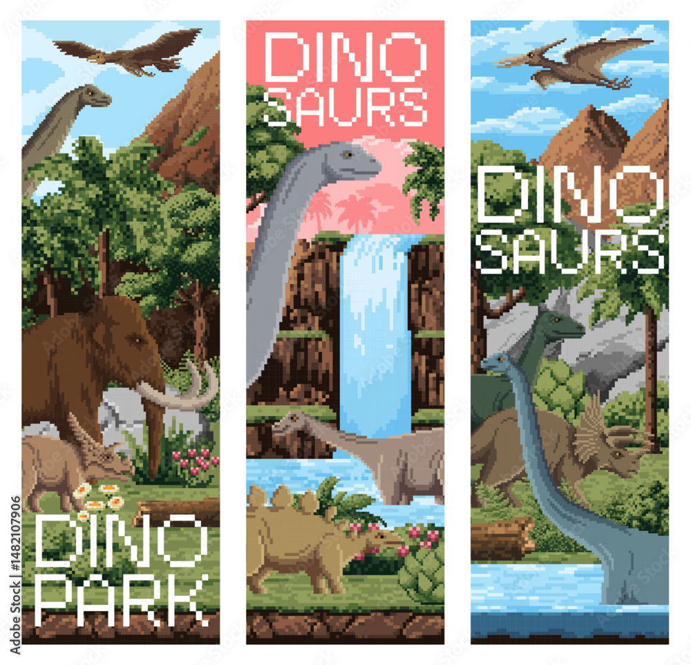 Fototapeta premium 8 bit pixel art prehistoric dinosaurs in Jurassic dino park with lizards and reptiles, vector banners. Dinosaurs in jungle forest or 8bit pixel landscape of mountains and waterfall for kids dino park