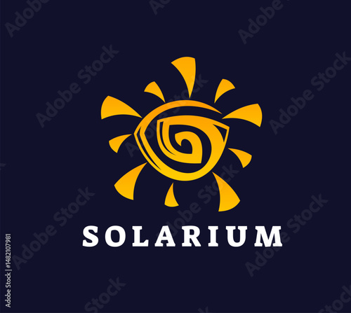 Solarium tan icon, summer beach sun symbol. Vector yellow sun with radiant rays and swirl pattern. Vector emblem of solar energy, spa, warmth and vitality, tanning salons or wellness brands