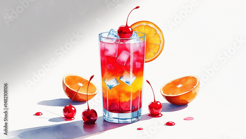 AI Generative. Colorful Layered Cocktail with Strawberries and Orange on White Background. 10