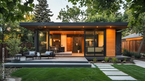 A modern guest house in the backyard of a suburban contemporary home, featuring sustainable and compact design.