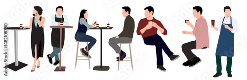 People at cafe. Woman and Man Talking and Drinking Coffee at cafe. Waitress, barista and customer enjoying coffee. people at concept vector illustration.