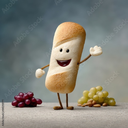 Whimsical anthropomorphized bread character with a playful lopsided grin standing next to grapes creating a visually engaging and imaginative food concept