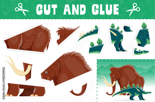 Cut and glue game worksheet with prehistoric dinosaur and mammoth. Vector kids game activity page engaging children to create paper toys. Educational craft applique riddle with body parts of animals