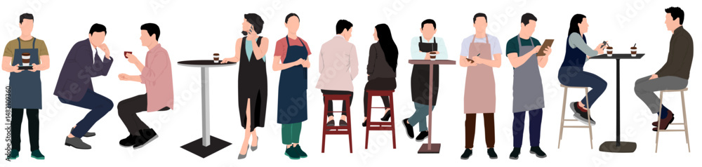 Obraz premium people sitting in restaurant and cafe. Waiter serving and barista making coffee for customers.