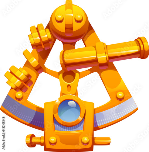 Cartoon sextant with golden arc and compass details. Vector antique nautical navigation tool with rotating parts and engraved lines. Item fantasy pirate icon expressing exploration and star direction