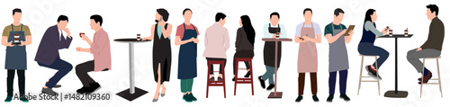 people sitting in restaurant and cafe. Waiter serving and barista making coffee for customers.