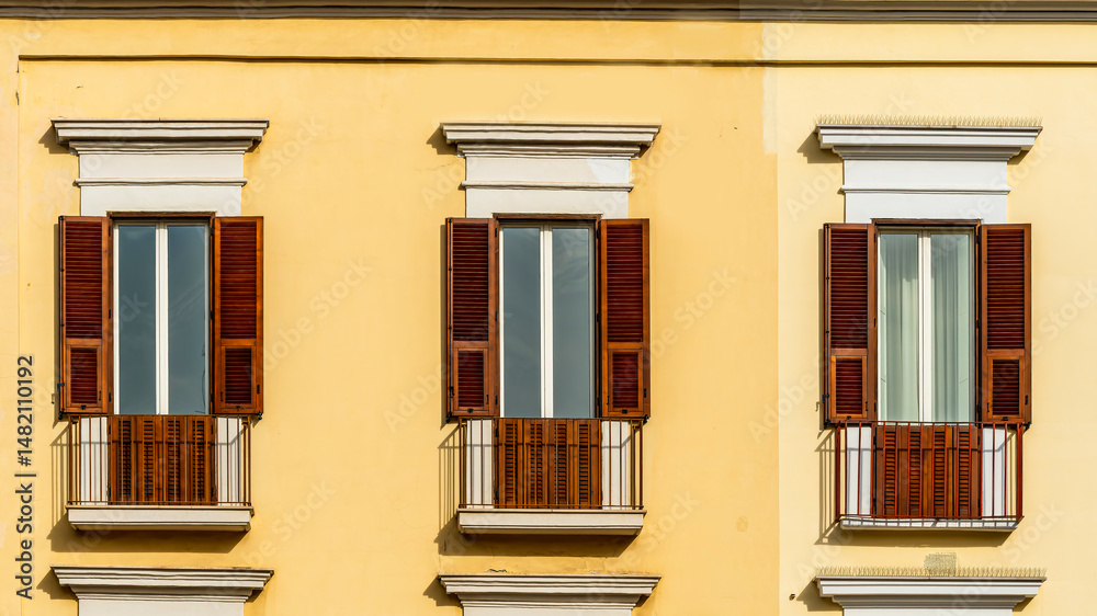 Fototapeta premium old yellow facade of house with three brown vintage wooden windows in retro italian european style