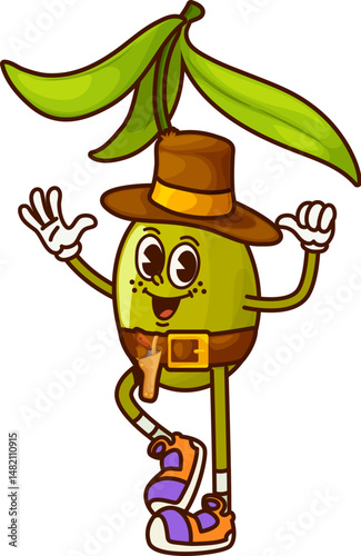 Cartoon groovy olive cowboy and bandit vegetable character. Vector healthy food personage in western hat with green leaf and retro sneakers. Brave vitamin veg defender ready for feat on the Wild West
