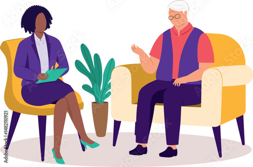 Elderly Man Seeing A Female Psychologist During A Psychotherapy Session.