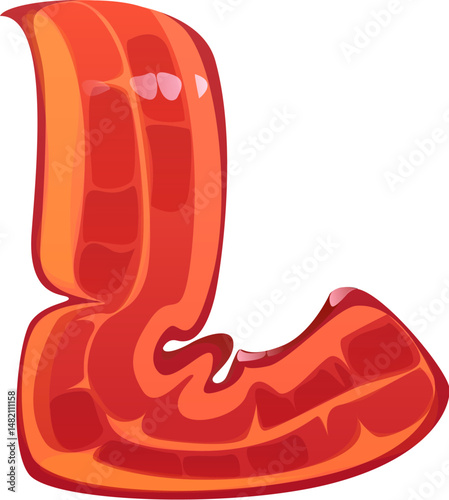 Fast food bacon meal English ABC font letter L. Fastfood menu meal alphabet symbol, street cafe appetizer vector English font typeset letter. Fast food kids ABC font typeface element