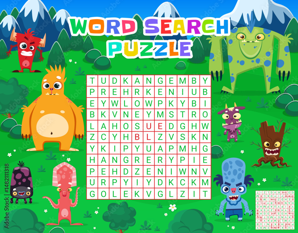 Fototapeta premium Word search puzzle game quiz with cartoon funny monster characters. Vector educational worksheet with letters and silly fantasy creatures. Entertaining logic game for kids with crossword color task