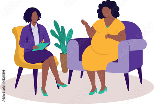 Plus Size Black Pregnant Woman Sitting On Couch And Talking To Her Psychologist During A Psychotherapy Session.