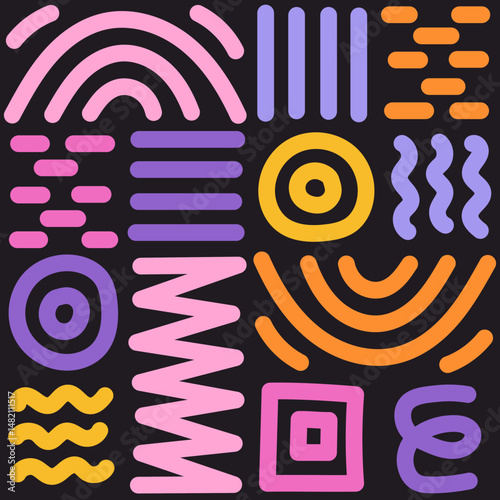 Geometric Scribbles Seamless Pattern. Vibrant Abstract Background with line doodle elements. Colorful squiggles. Ethnic design. Repeat vector illustration