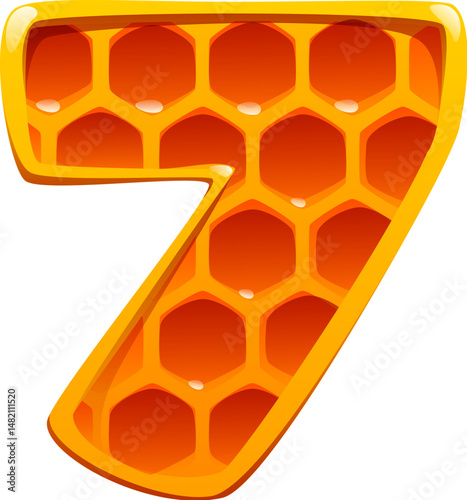 Honey font typeset, honeycomb digit 7 seven. Beekeeping farming typeface number, sweet honey vector alphabet font figure. Honey bee farm math type numeral symbol or apiary kids ABC typeface digit