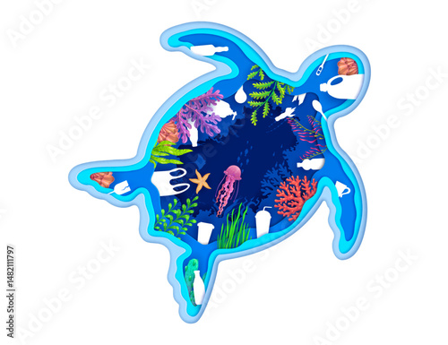 Save the ocean paper cut turtle silhouette with plastic waste and underwater landscape, vector banner. Save ocean, stop water pollution for sea or ocean ecology conservation from plastic waste