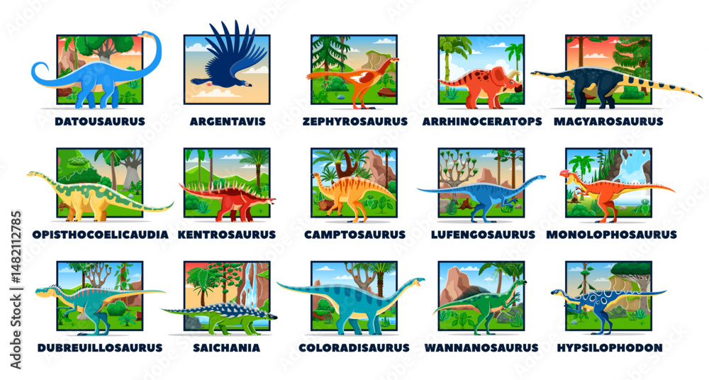 Fototapeta premium Prehistoric dinosaurs, cartoon Jurassic lizards and funny dino, vector characters collection. Prehistoric dinosaurs species names in jungle forest, giant reptiles, predators and paleontology lizards