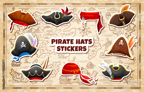 Pirate tricorn hats and bandanas stickers pack on treasure map, cartoon vector set. Pirate cocked hats, corsair bandanas and Caribbean sailors tricorns with Jolly Roger skull crossbones on island map