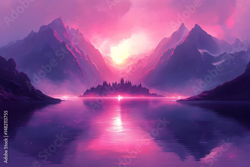 A serene landscape with mountains surrounding a lake under a pink sunset, reflects on water, with clouds and distant castle view